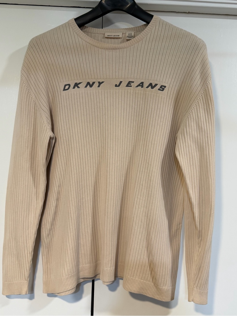 Vintage DKNY Jeans Men’s XXL Beige Ribbed Logo Crewneck Sweater